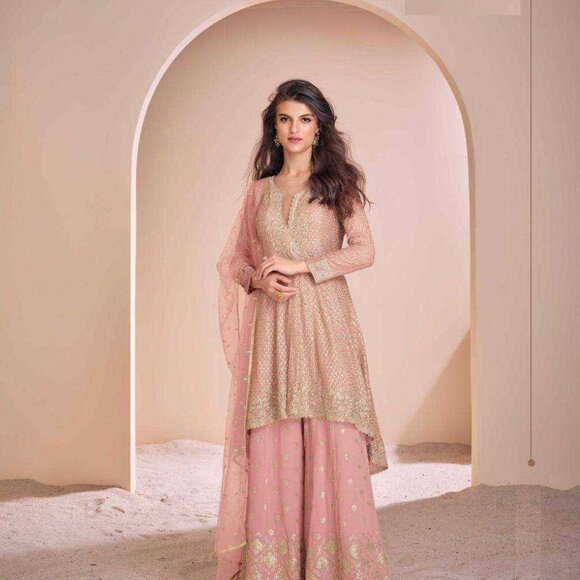 Designer Pakistani Georgette Pink Embroidered Palazzo Suit - Picture 2 of 2